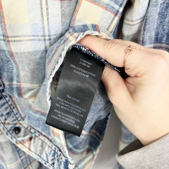 Affliction Black Premium Axle Grease Shirt Snap Buttons Distressed Plaid LARGE - Picture 8 of 10